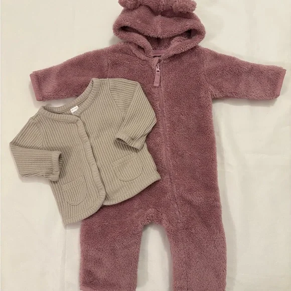 Hanna Andersson pink bunting suit romper fleece 6-12m Carter’s waffle jacket 9m - Picture 2 of 12